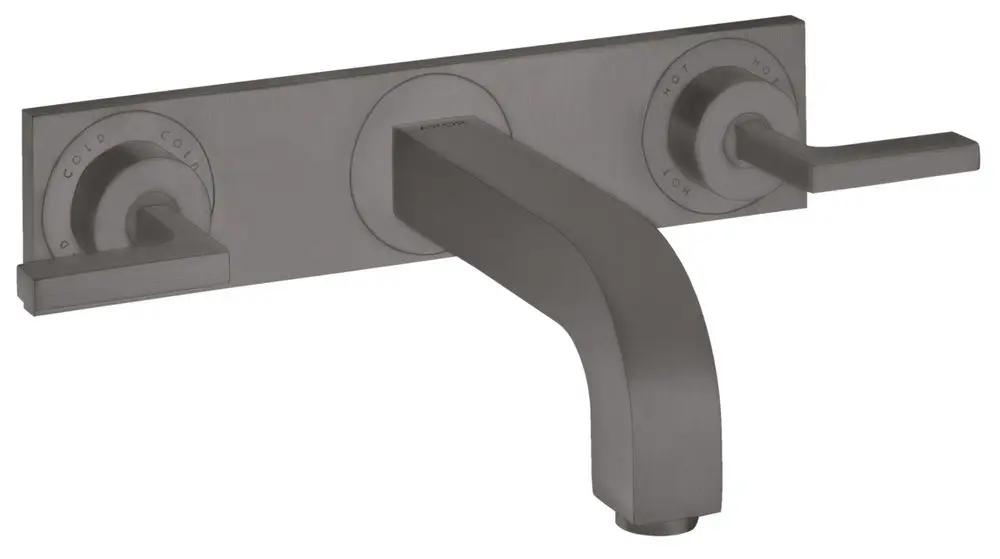 Waschtischarmatur von AXOR mit drei Löchern für Wandmontage und Hebelgriffen in Brushed Black Chrome. Der Auslauf ist 226 mm lang.